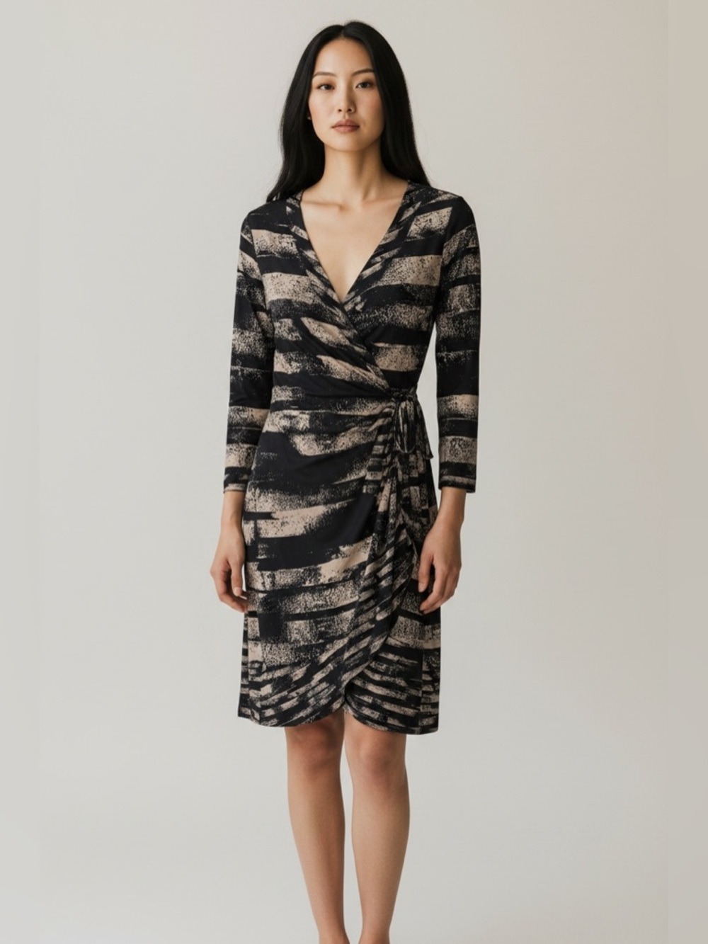 BCBGMaxAzria Black and Beige Abstract Wrap Midi Dress